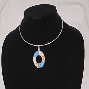 Elegant Silver‎ Necklace with Blue and Brown Pendant